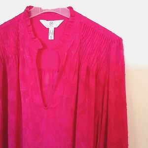 Addition Elle Dark Pink Ruffled Collar V-Neckline Floral Blouse 2X